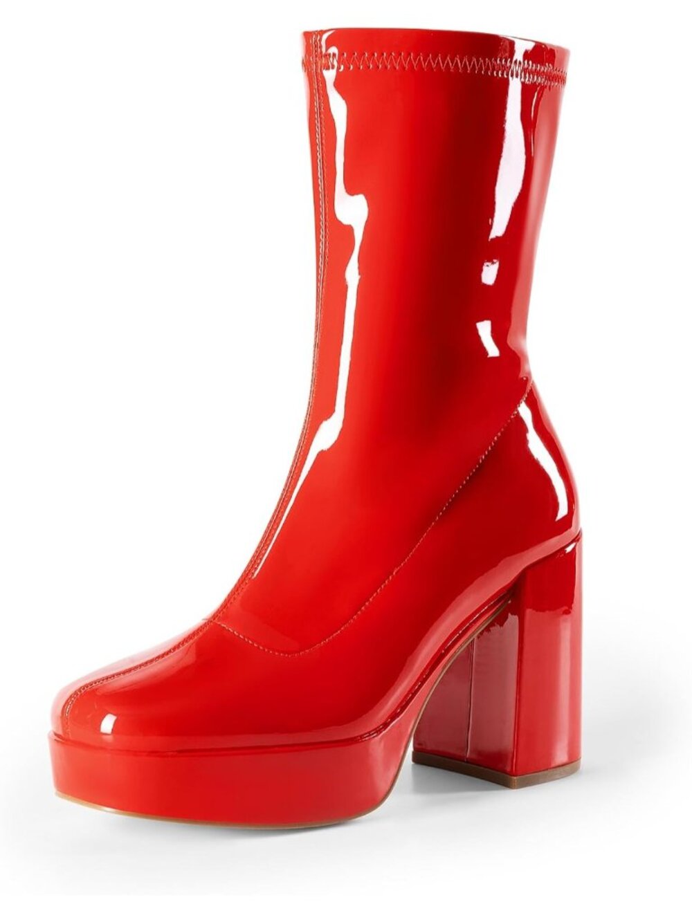 DREAM PAIRS Women's Red Square Toe High Chunky Mid Calf Gogo Platform Boot Shoes